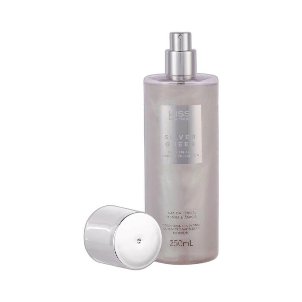 Frasco frontal do Body Splash Kiss New York Shimmer Silver 250ml com líquido prateado